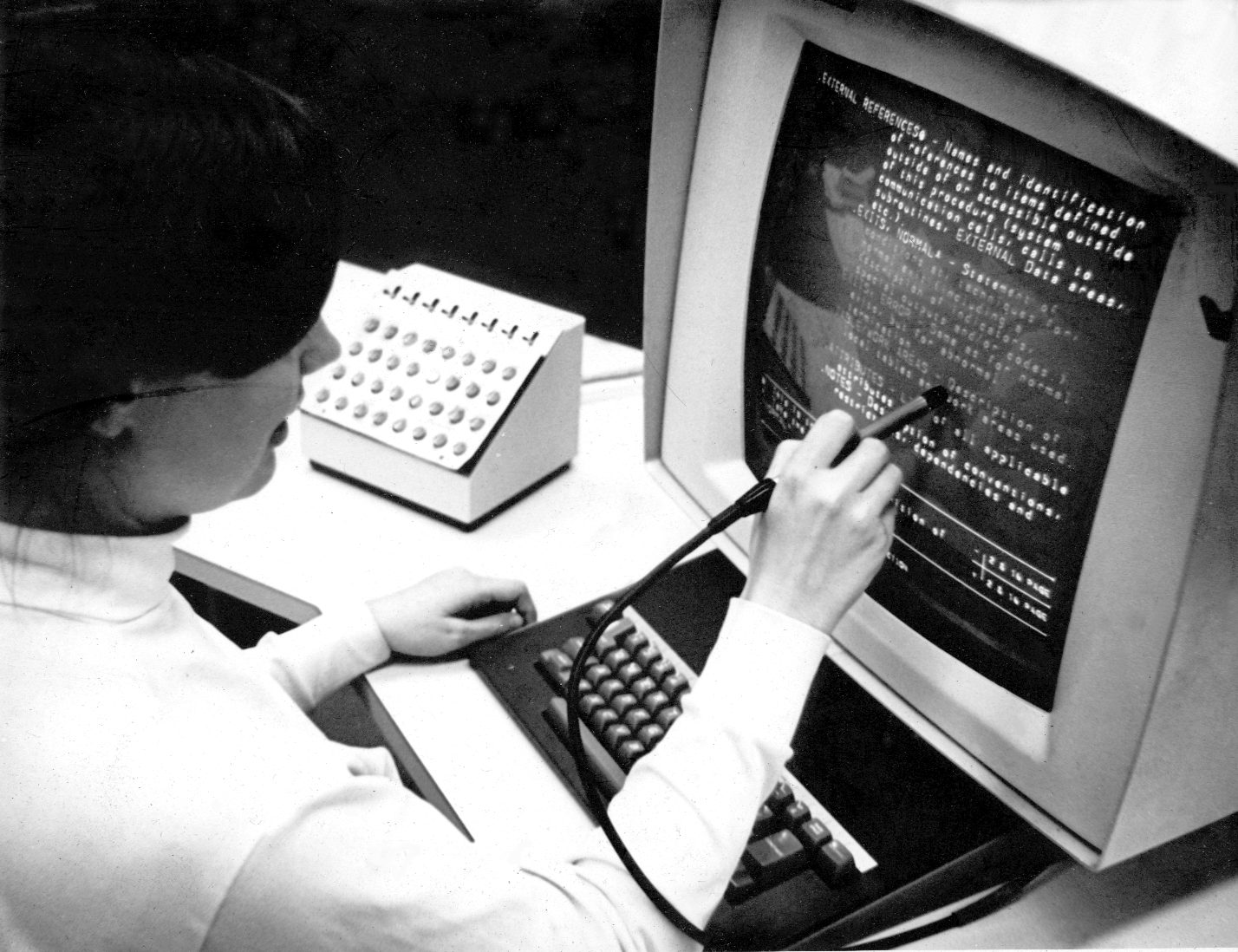The Hypertext Editing System console at Brown University, October 1969: the IBM 2250 display and light pen of the system Nelson consulted on in 1967