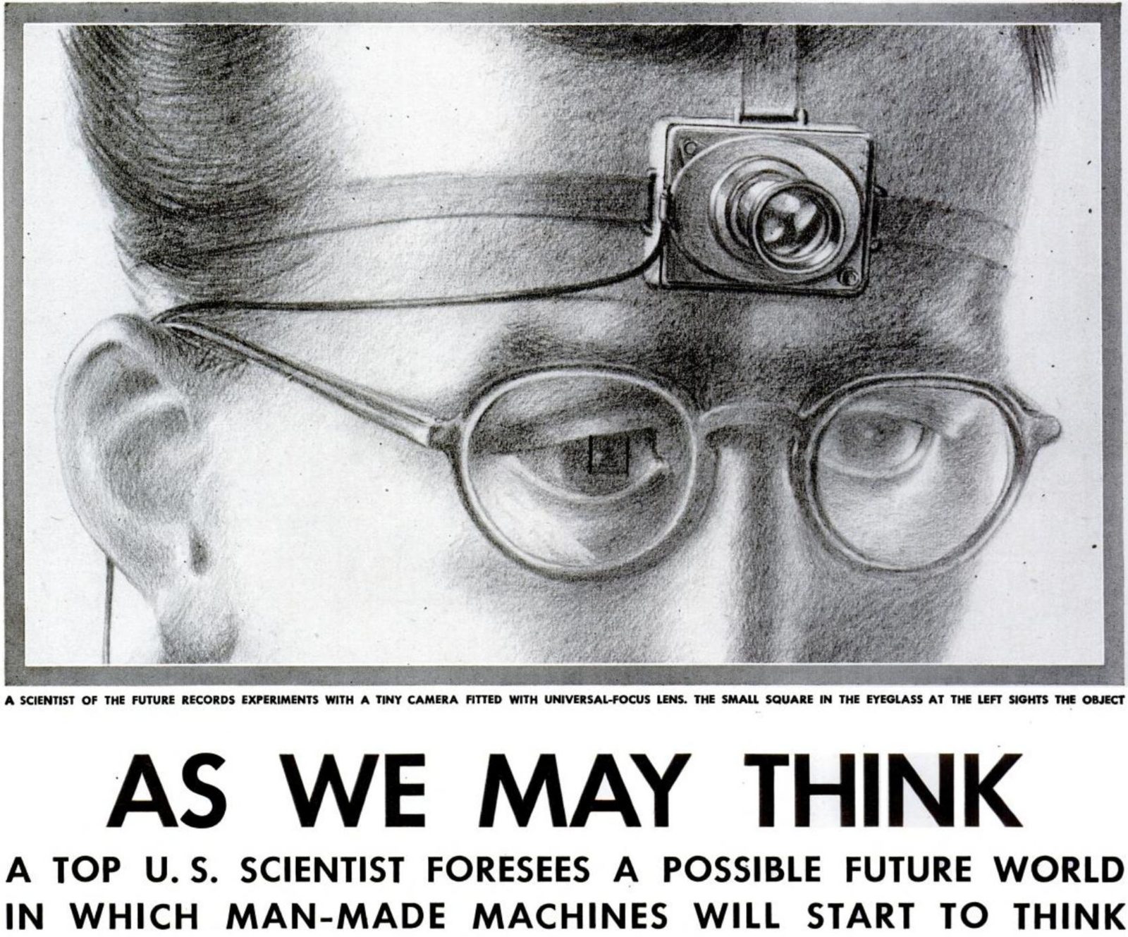 Life magazine's 1945 illustration of Vannevar Bush's memex, the desk of linked microfilm that Nelson names among the origins of his ideas